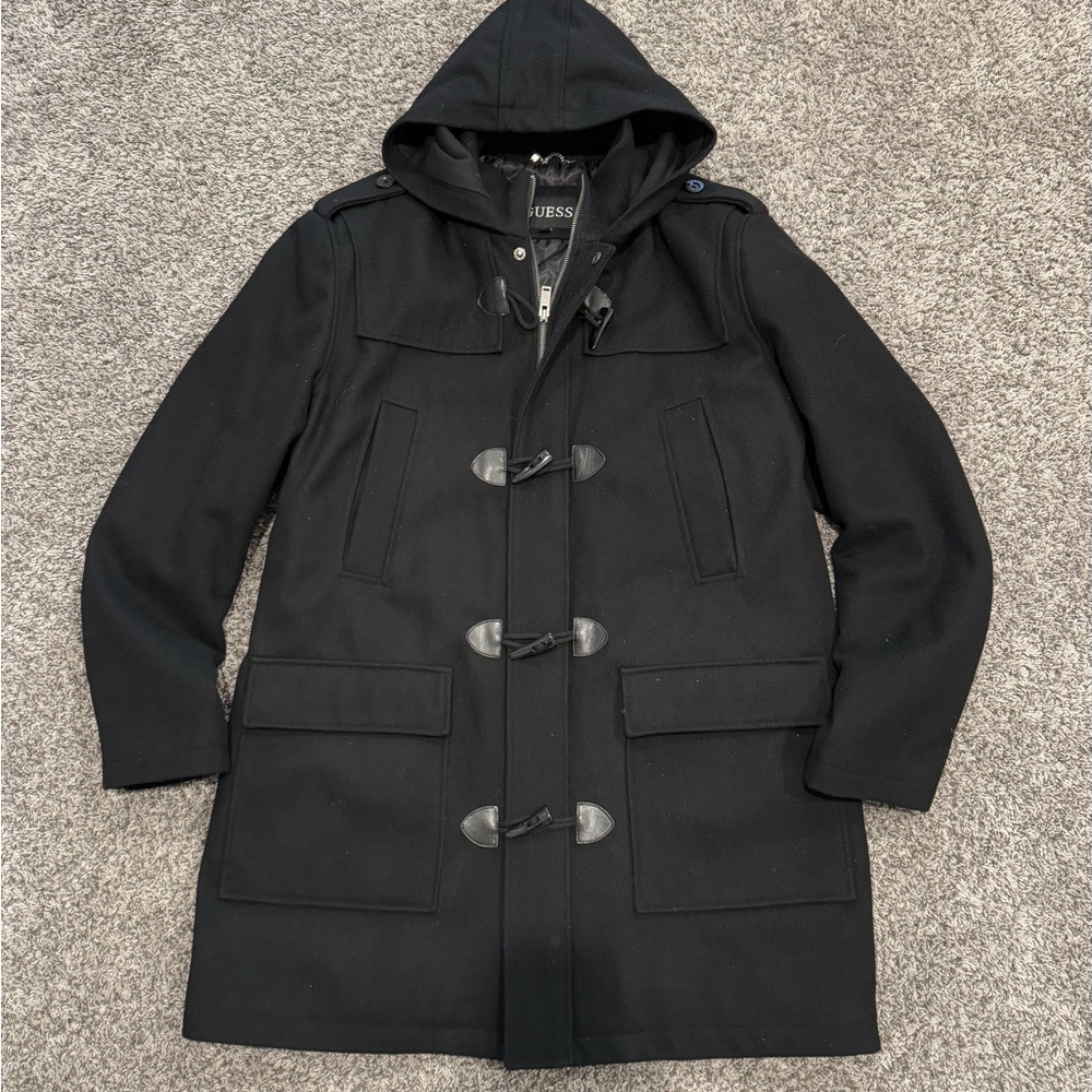 Guess Winter Coat Mens XL Black Wool Blend Full Zip Hooded Duffle Coat